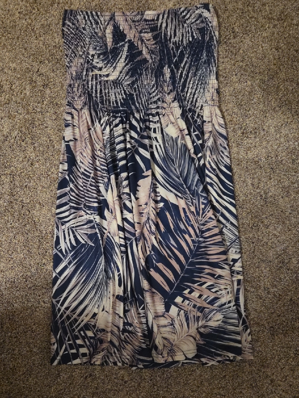 Strapless Tropical Summer Dress in Navy and Beige